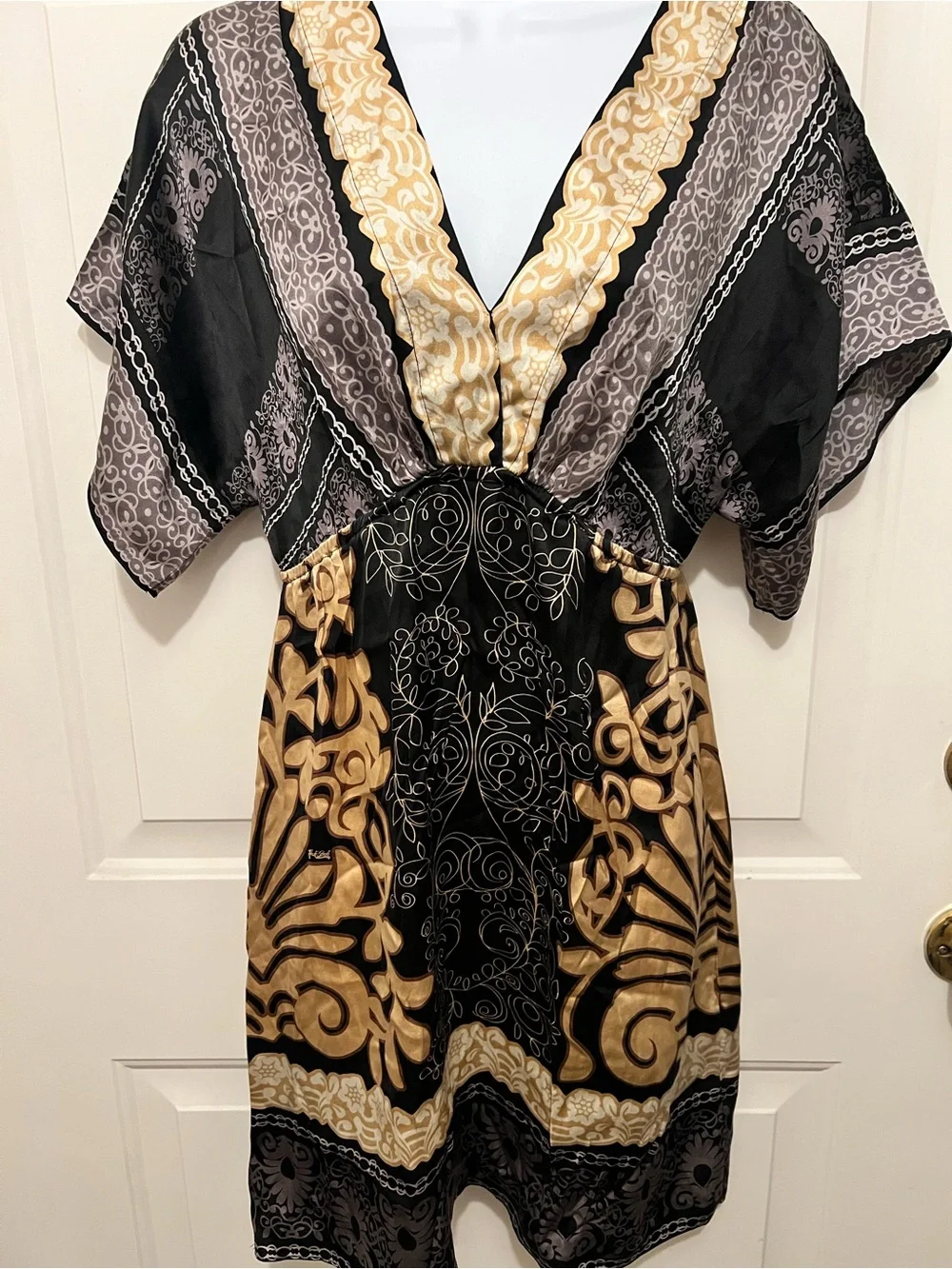 Silk Black & Gold V-Neck Patterned Tunic Dress - Picture 2 of 3